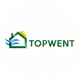 Logo firmy TopWent z zielonym dachem domu i niebieskimi falami wskazującymi wentylację.